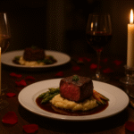 Jantar a dois sofisticado - mesa posta com filé mignon, vinho tinto e velas românticas