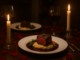 Jantar a dois sofisticado - mesa posta com filé mignon, vinho tinto e velas românticas