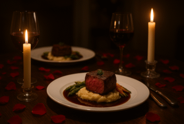 Jantar a dois sofisticado - mesa posta com filé mignon, vinho tinto e velas românticas