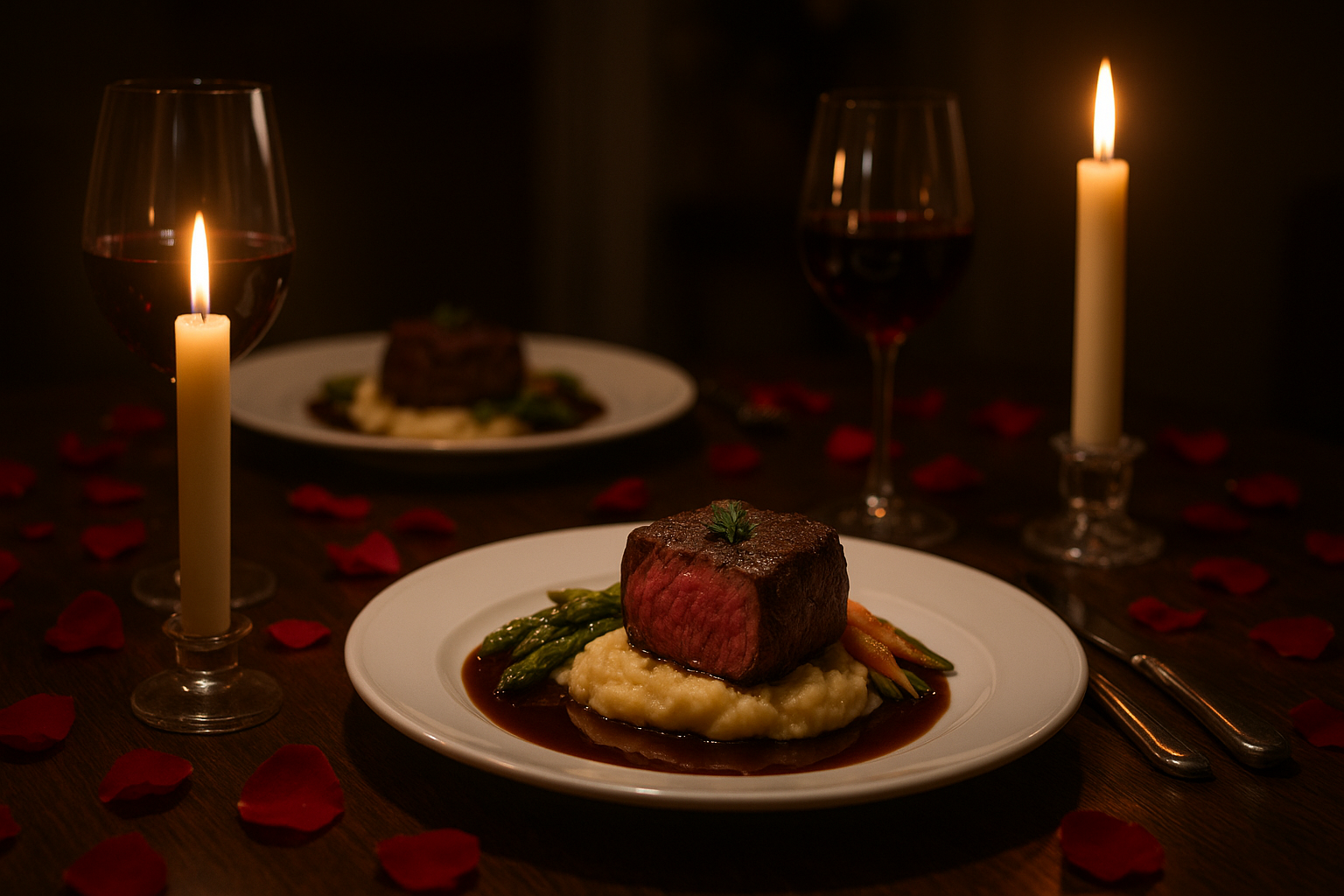 Jantar a dois sofisticado - mesa posta com filé mignon, vinho tinto e velas românticas