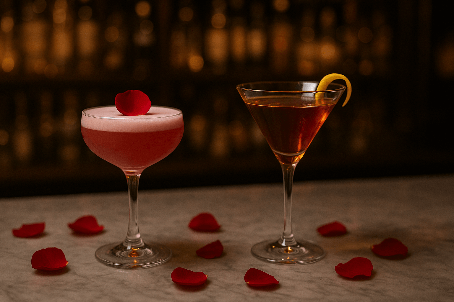 Drinks sofisticados para casais - coquetéis românticos em taças elegantes com decoração especial