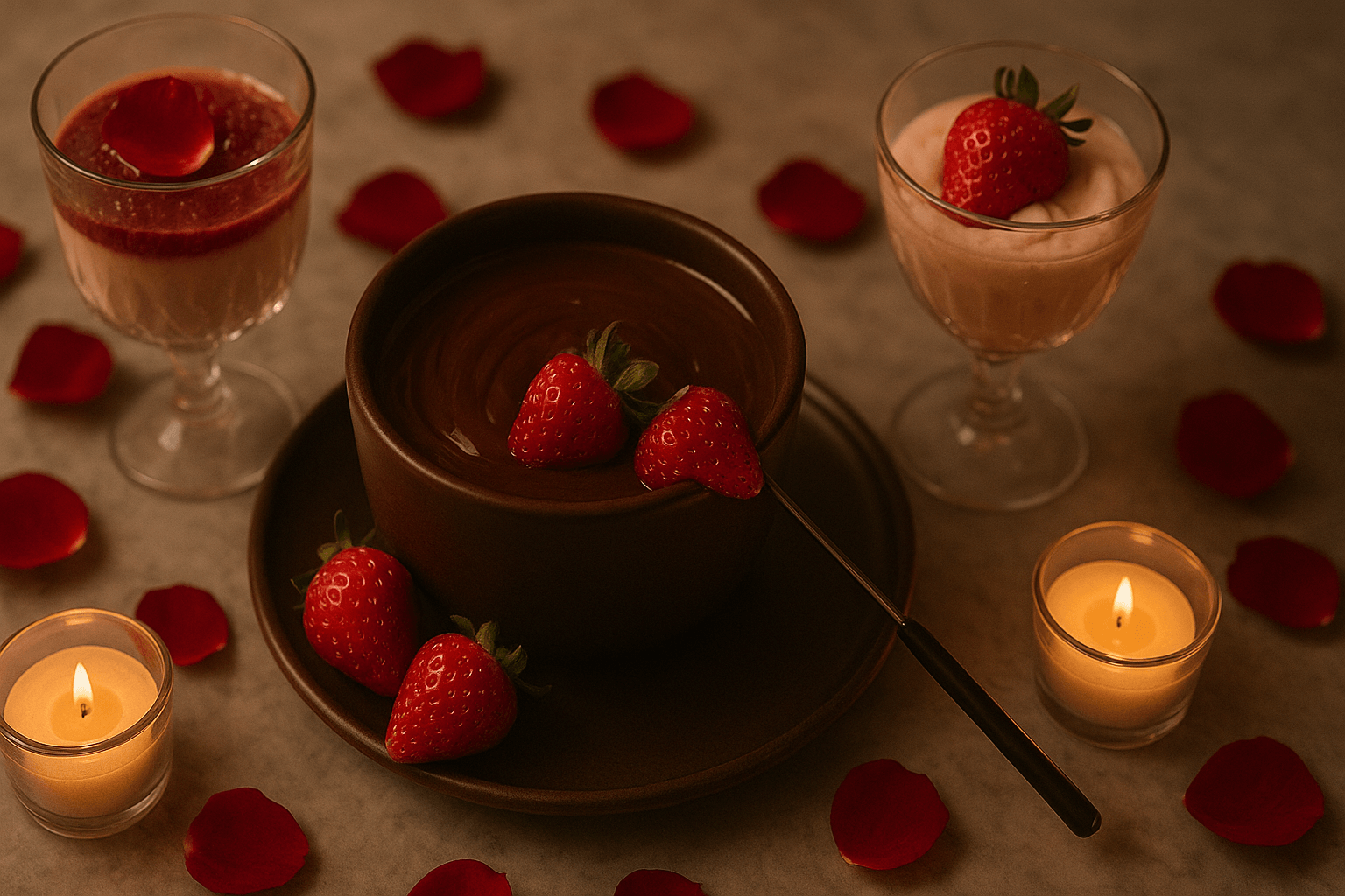 Sobremesas românticas - fondue de chocolate com morangos e taças elegantes em mesa decorada
