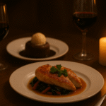 Ceia romântica com sobremesa fácil - mesa posta com frango ao molho branco e fondant de chocolate derretido