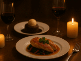 Ceia romântica com sobremesa fácil - mesa posta com frango ao molho branco e fondant de chocolate derretido