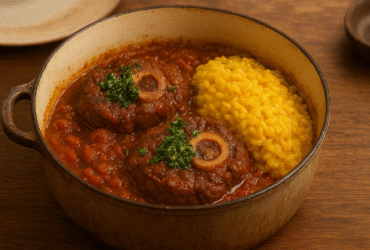 Osso Buco à Italiana tradicional - postas de vitela com molho aromático e gremolata, acompanhado de risotto alla milanese