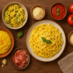 Culinária italiana tradicional - mesa farta com pratos regionais italianos autênticos