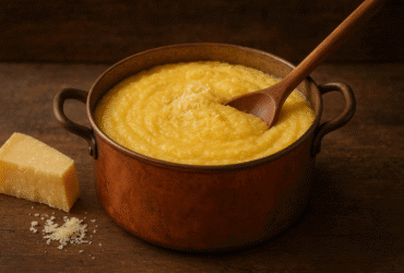 Polenta cremosa italiana - textura sedosa em panela tradicional com queijo grana padano derretendo