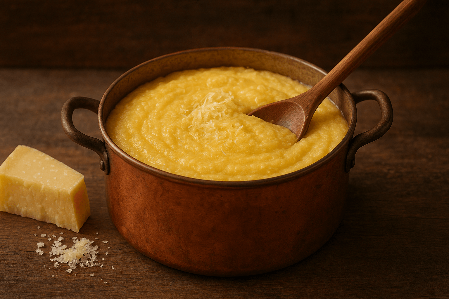 Polenta cremosa italiana - textura sedosa em panela tradicional com queijo grana padano derretendo