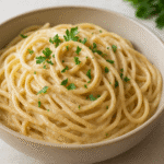 Molho cremoso vegano para massas sem castanha - textura aveludada em espaguete com ervas frescas