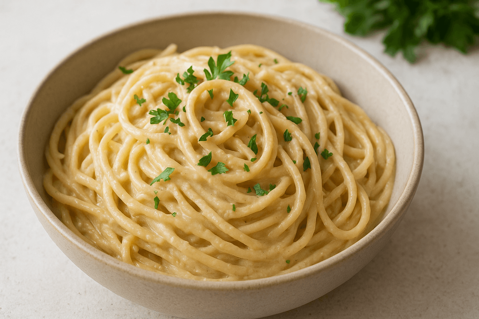 Molho cremoso vegano para massas sem castanha - textura aveludada em espaguete com ervas frescas