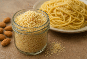 Parmesão vegano com amêndoas - textura granular perfeita em pote de vidro com massa ao fundo
