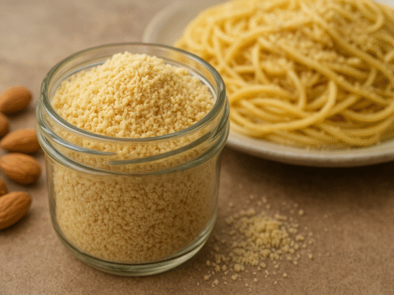 Parmesão vegano com amêndoas - textura granular perfeita em pote de vidro com massa ao fundo