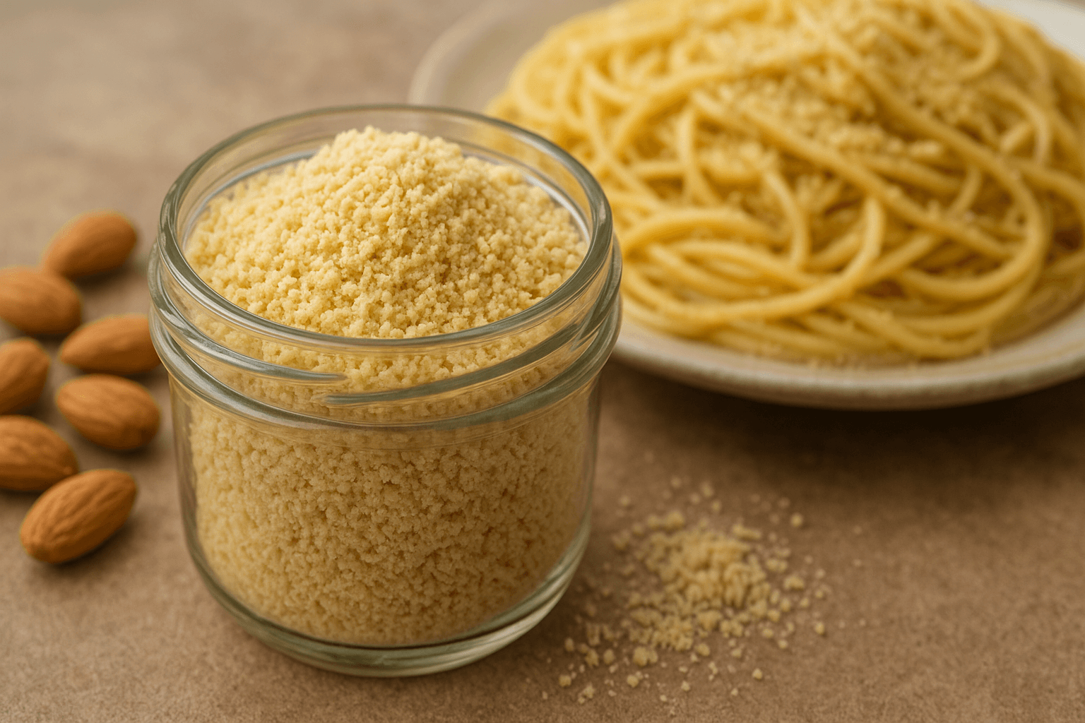 Parmesão vegano com amêndoas - textura granular perfeita em pote de vidro com massa ao fundo