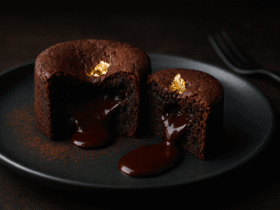 Brownie de chocolate Valrhona com núcleo fondant - corte mostrando interior derretido e exterior crocante