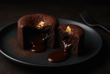 Brownie de chocolate Valrhona com núcleo fondant - corte mostrando interior derretido e exterior crocante