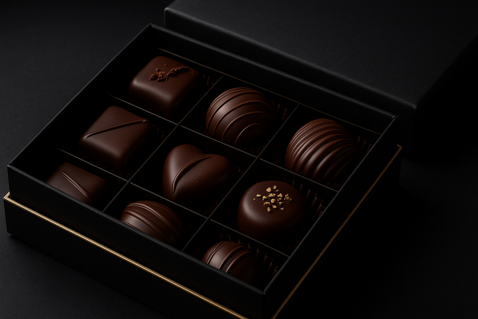 Bombons finos recheados caseiros - variedade de chocolates artesanais com recheios especiais em embalagem premium