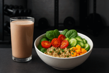 Receita de pós-treino natural - shake proteico e bowl colorido com ingredientes frescos para recuperação muscular