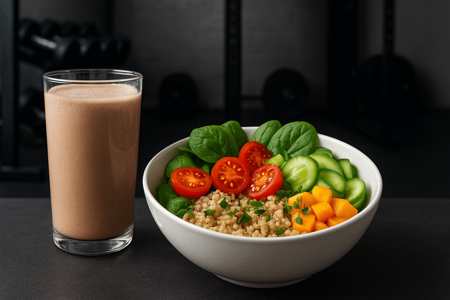 Receita de pós-treino natural - shake proteico e bowl colorido com ingredientes frescos para recuperação muscular