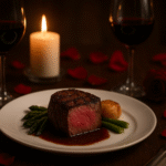 Jantar romântico caseiro cardápio completo - mesa posta com filé mignon, vinho e velas