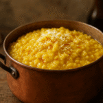 Risotto alla Milanese autêntico com açafrão - risoto cremoso e dourado em panela italiana
