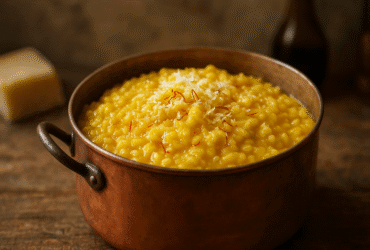 Risotto alla Milanese autêntico com açafrão - risoto cremoso e dourado em panela italiana