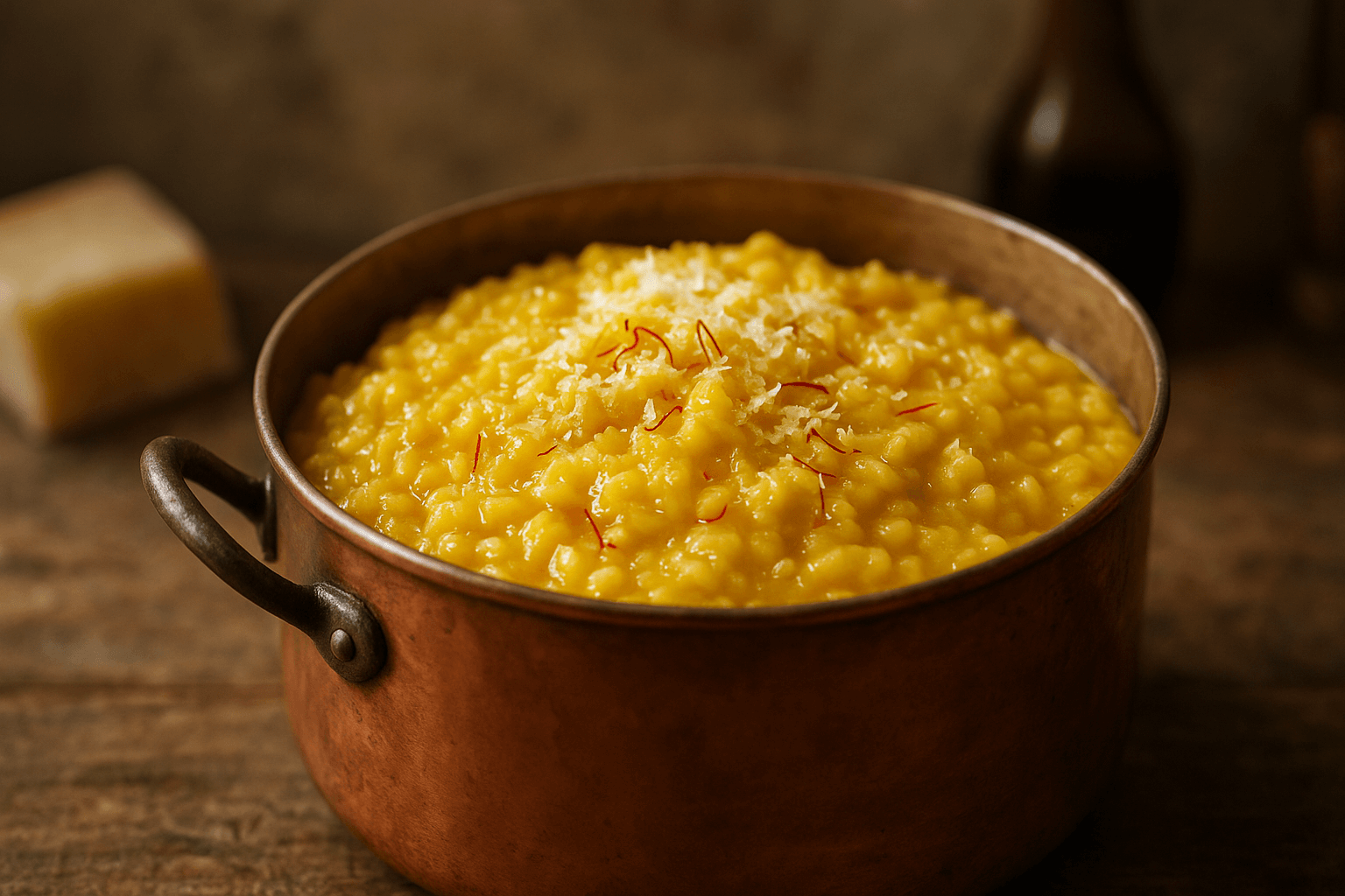 Risotto alla Milanese autêntico com açafrão - risoto cremoso e dourado em panela italiana