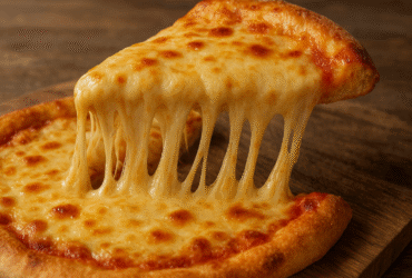 Queijo vegano caseiro cremoso para derreter - textura derretida em pizza, esticando fios dourados