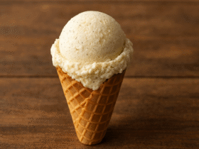 Sorvete de baunilha caseiro cremoso em casquinha, com pontas perfeitas e sementes de baunilha visíveis