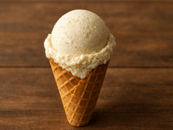 Sorvete de baunilha caseiro cremoso em casquinha, com pontas perfeitas e sementes de baunilha visíveis