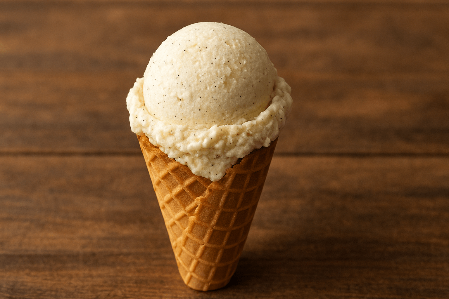 Sorvete de baunilha caseiro cremoso em casquinha, com pontas perfeitas e sementes de baunilha visíveis