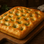 Focaccia caseira com azeite de oliva - massa dourada com alecrim e covinhas características