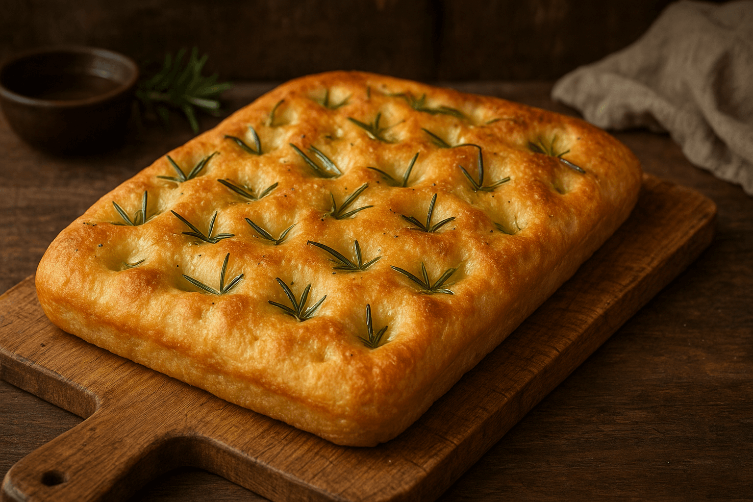 Focaccia caseira com azeite de oliva - massa dourada com alecrim e covinhas características
