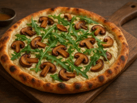 Pizza vegana gourmet - massa artesanal com queijo de castanha, cogumelos porcini e rúcula, apresentação sofisticada