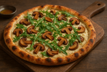 Pizza vegana gourmet - massa artesanal com queijo de castanha, cogumelos porcini e rúcula, apresentação sofisticada
