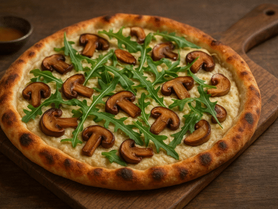 Pizza vegana gourmet - massa artesanal com queijo de castanha, cogumelos porcini e rúcula, apresentação sofisticada