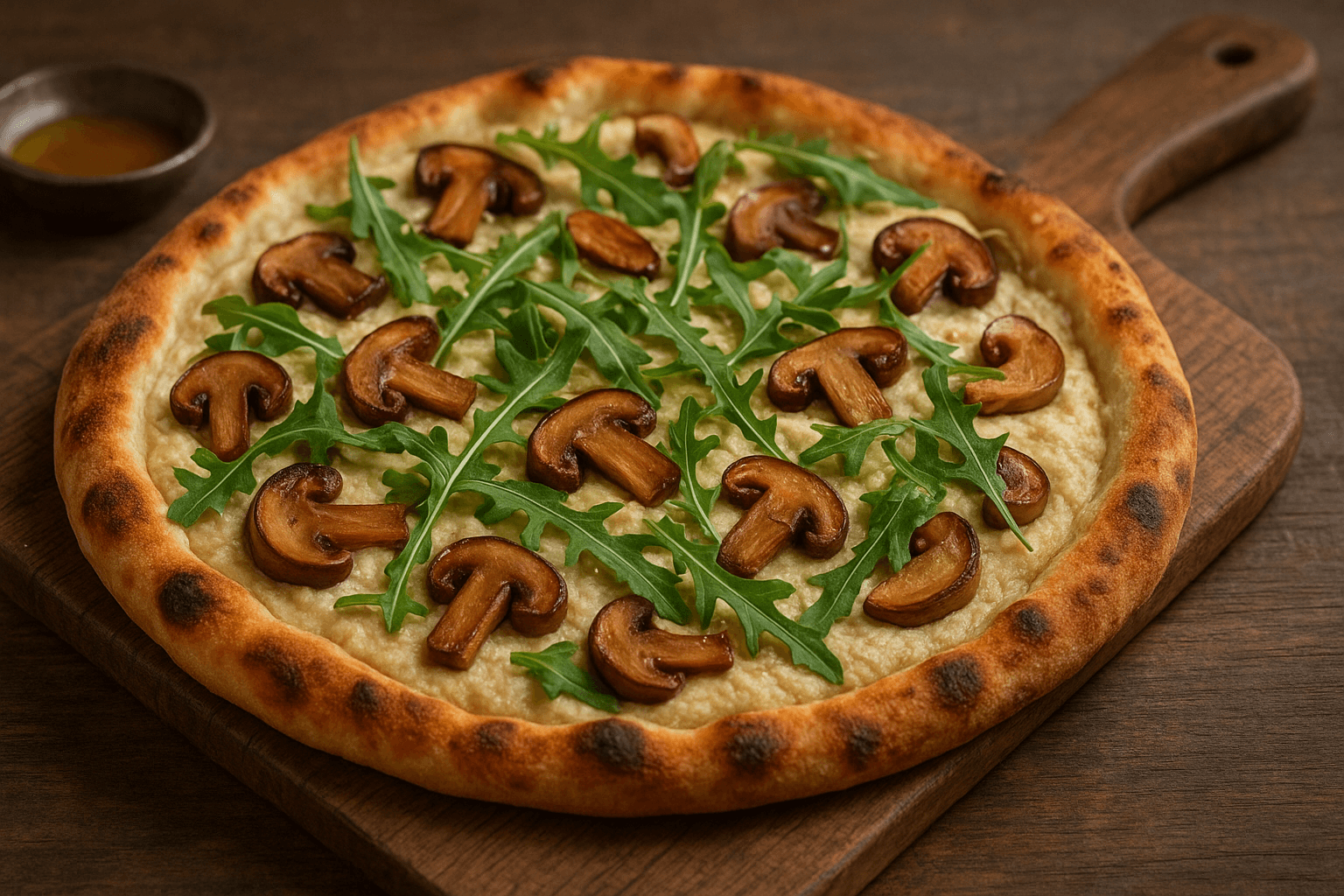 Pizza vegana gourmet - massa artesanal com queijo de castanha, cogumelos porcini e rúcula, apresentação sofisticada