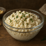 Ricota vegana de castanhas - textura cremosa com grumos, em tigela de vidro com ervas frescas