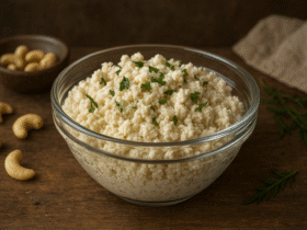 Ricota vegana de castanhas - textura cremosa com grumos, em tigela de vidro com ervas frescas