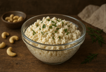 Ricota vegana de castanhas - textura cremosa com grumos, em tigela de vidro com ervas frescas