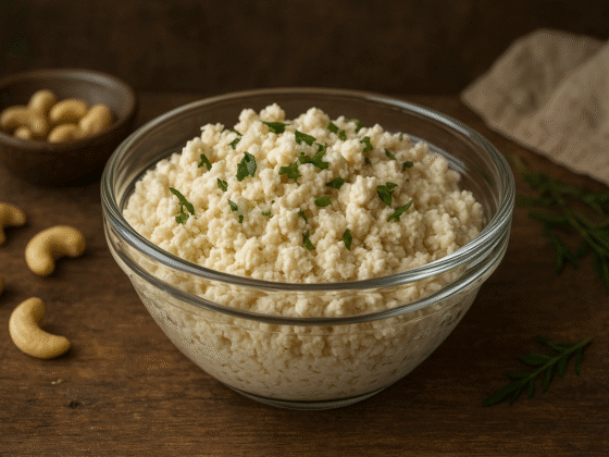 Ricota vegana de castanhas - textura cremosa com grumos, em tigela de vidro com ervas frescas
