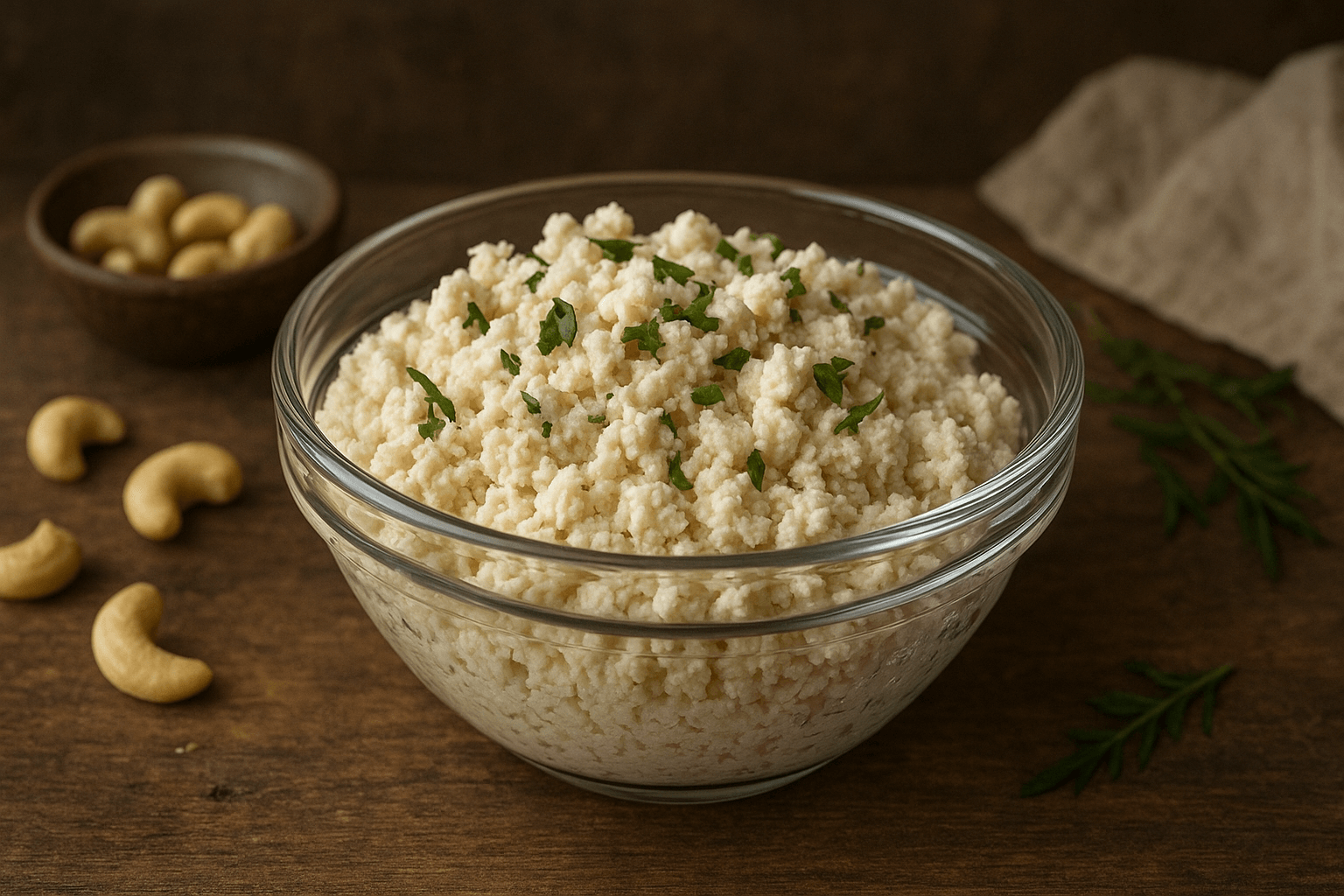 Ricota vegana de castanhas - textura cremosa com grumos, em tigela de vidro com ervas frescas