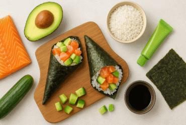 Receita de temaki de salmão fácil, mostrando cones de sushi caseiros com arroz, salmão fresco, abacate e pepino, uma comida japonesa acessível.