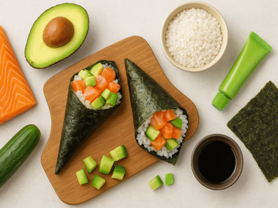 Receita de temaki de salmão fácil, mostrando cones de sushi caseiros com arroz, salmão fresco, abacate e pepino, uma comida japonesa acessível.