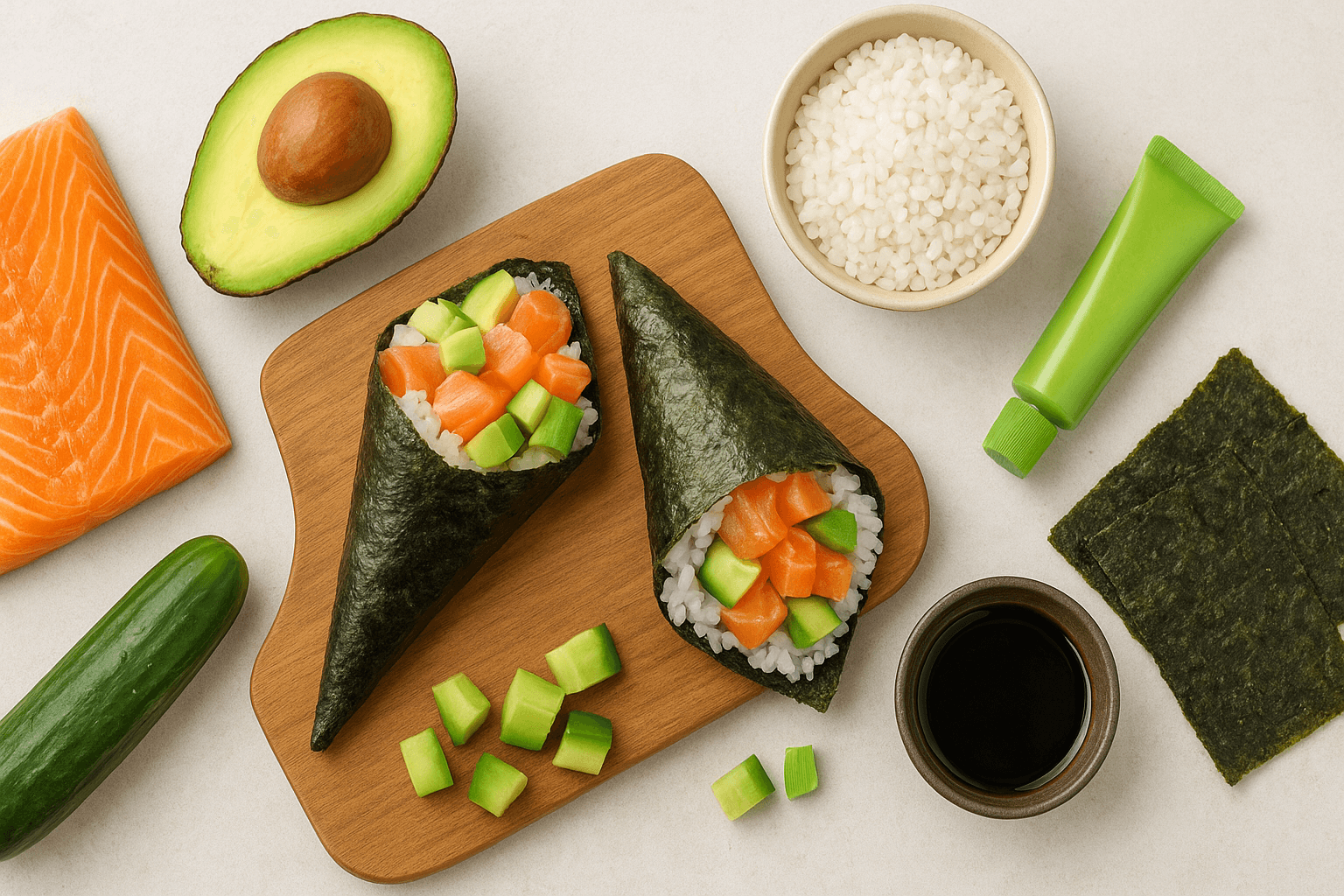 Receita de temaki de salmão fácil, mostrando cones de sushi caseiros com arroz, salmão fresco, abacate e pepino, uma comida japonesa acessível.