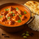 Frango Tikka Masala autêntico, prato indiano com pedaços de frango grelhado em molho cremoso de tomate e especiarias, servido com arroz basmati e naan.