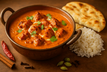 Frango Tikka Masala autêntico, prato indiano com pedaços de frango grelhado em molho cremoso de tomate e especiarias, servido com arroz basmati e naan.