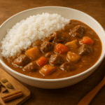 Curry Japonês Caseiro (Kare Raisu), um ensopado cremoso com carne, cenoura e batata, servido com arroz branco fofo.
