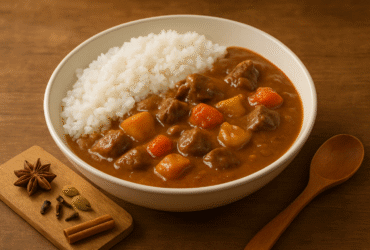 Curry Japonês Caseiro (Kare Raisu), um ensopado cremoso com carne, cenoura e batata, servido com arroz branco fofo.