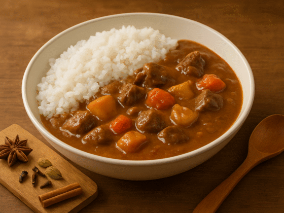 Curry Japonês Caseiro (Kare Raisu), um ensopado cremoso com carne, cenoura e batata, servido com arroz branco fofo.