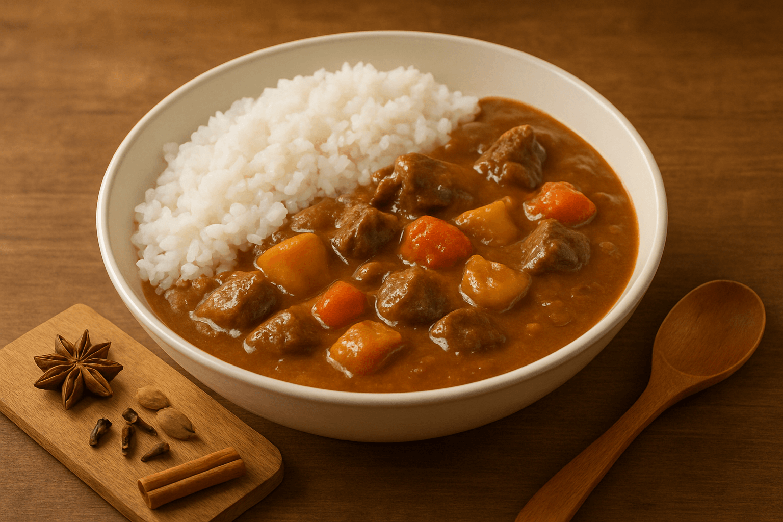 Curry Japonês Caseiro (Kare Raisu), um ensopado cremoso com carne, cenoura e batata, servido com arroz branco fofo.